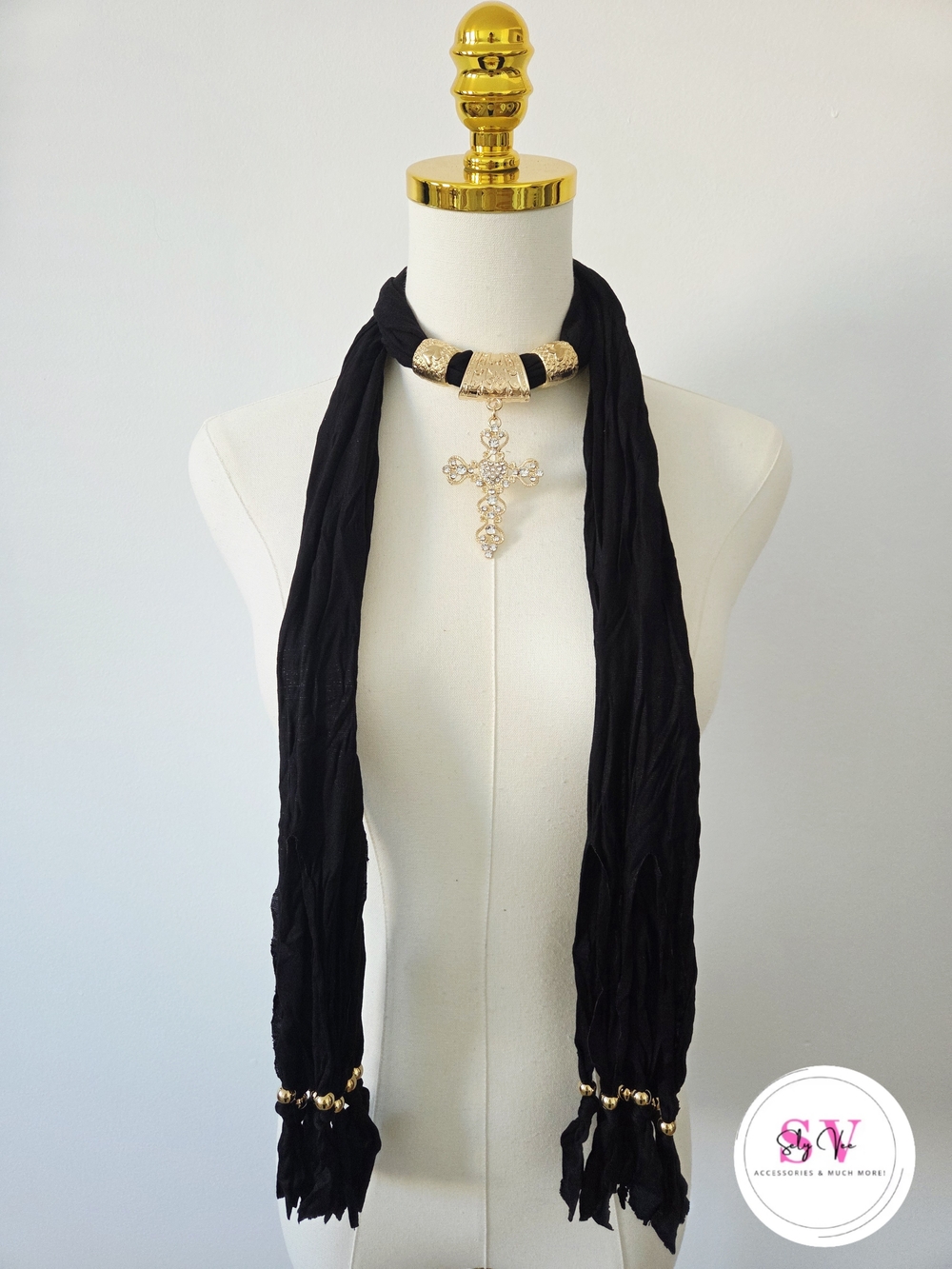 Black scarf necklace with gold accents and Cross Pendants